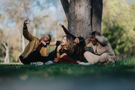 Friends take a joyful selfie in the park, laughing together under a large tree