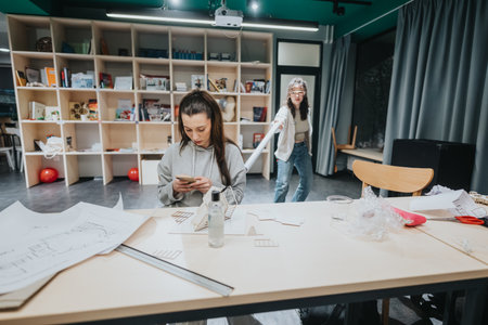 Two Women Collaborating on Creative Projects in a Modern Collaboration Center Studioの写真素材