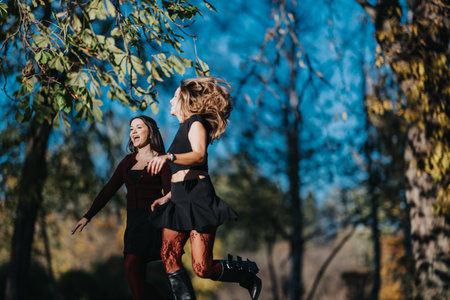 Two friends dancing in a sunny park, enjoying outdoor joy and motion