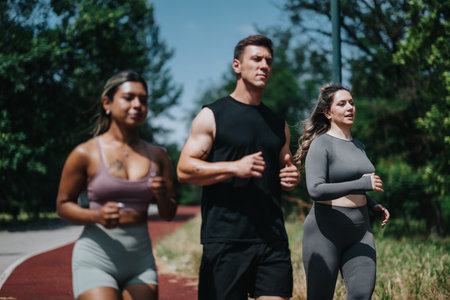 Three people jogging outdoors on a sunny day emphasizing fitness and healthの写真素材
