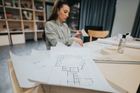 Students study architectural blueprints and collaborate on a building design project in a classroom studioの写真素材