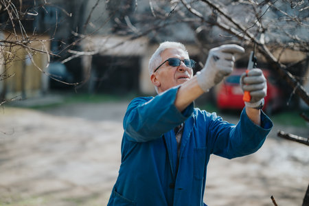 Elderly man in blue jacket pruning a tree with pruning shears in sunny backyard, focused on outdoor...