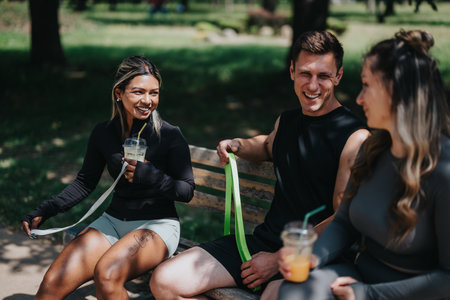 Fitness friends enjoying a break outdoors on a sunny park benchの写真素材
