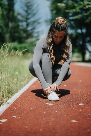 Woman tying shoe laces outdoors on a sunny dayの写真素材