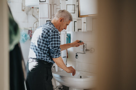 Older man in a blue checkered shirt fixes a bathroom sink at home with running waterの写真素材