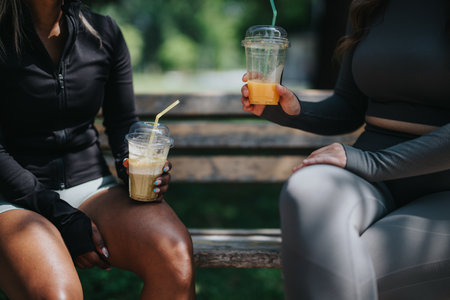 Two women enjoying drinks outdoors on a park benchの写真素材