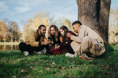 Group of friends relaxing under a tree by a lake in autumn park, checking a smartphoneの写真素材