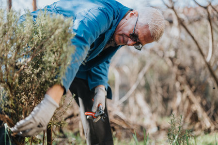 Elderly man in blue jacket pruning a shrub in a sunny garden with hand prunerの写真素材