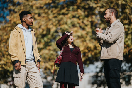 Diverse group of friends chatting in a sunny autumn park during a fall afternoon