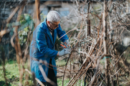 Senior man in blue coat pruning a vine in the garden with pruning shears