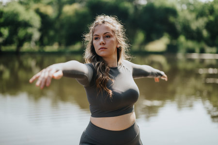Woman practicing yoga by a scenic lakeside on a sunny day