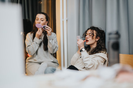 Two friends applying makeup together in a cozy room, sharing beauty routines and laughter tonight