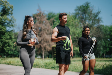 Group of multicultural friends enjoying outdoor fitness and healthy beverages