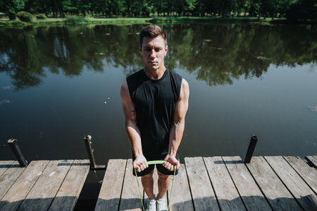 Man performing exercise with resistance band on wooden pier by a lake