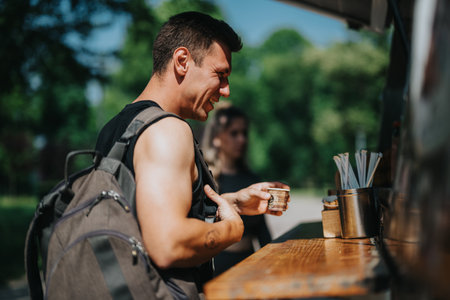 Young man enjoying a refreshing beverage from a food truck outdoorsの写真素材
