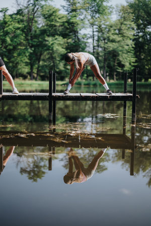 Woman Stretching on a Lakeside Dock Reflecting in Calm Waterの写真素材