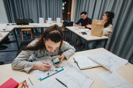 Students collaborating in a modern center, sketching designs and sharing ideas at desk with notebooks and phoneの写真素材