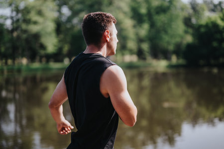 Man running outdoors near a calm lake surrounded by nature