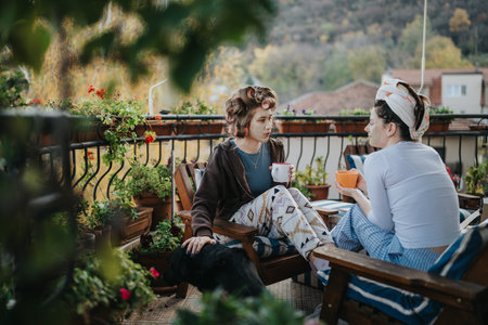 Two women share tea and conversation on a cozy balcony garden, enjoying outdoors togetherの写真素材