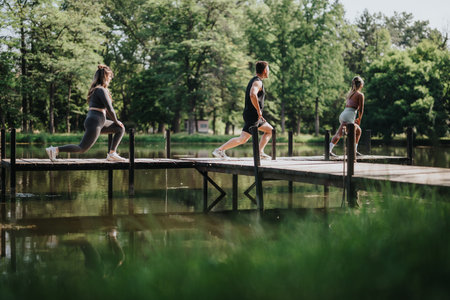 Diverse group exercising on a wooden dock near a serene forest pondの写真素材