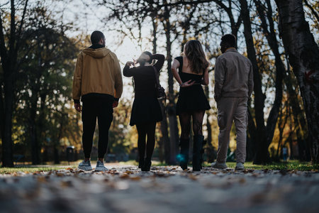 Group of friends walking in autumn park at sunset, casual outfits, silhouettes and fall leavesの写真素材