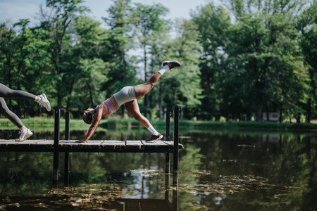 Two women performing yoga exercises on a dock by a calm lakeの写真素材