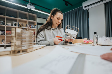 Young woman cutting paper at a collaboration center workshop, focusing on model build.の写真素材