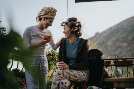 Two friends share tea on a balcony with a dog nearby, enjoying a cozy morning momentの写真素材