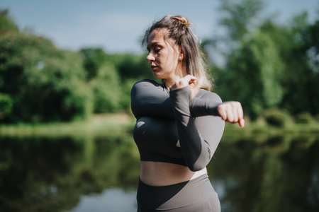 Woman stretching outdoors in athletic wear by a lake on a sunny day