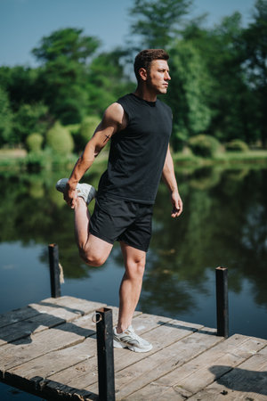 Man stretching on a wooden pier near a calm lake outdoors