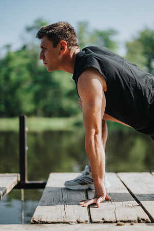 Man Exercising Outdoors on a Wooden Dock by a Scenic Lakeの写真素材