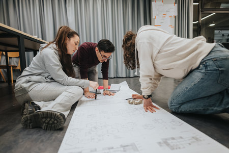 Students collaborate on large architectural blueprints during a hands-on planning sessionの写真素材