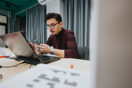 Student at a modern desk using laptop and phone in a study space for work and researchの写真素材