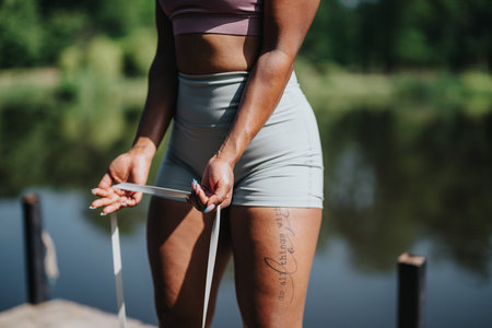 Woman exercising outdoors by a serene nature settingの写真素材