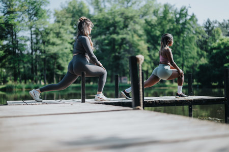 Women performing stretches on a dock near a calm wooded lakeの写真素材