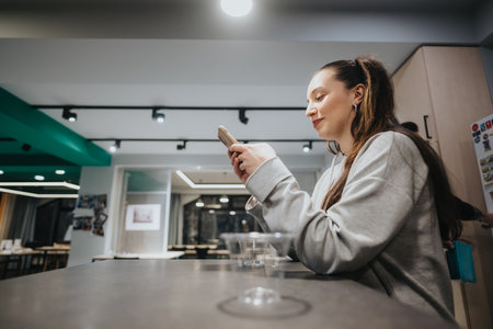 Woman at a modern collaboration center using her phone in a casual workspaceの写真素材