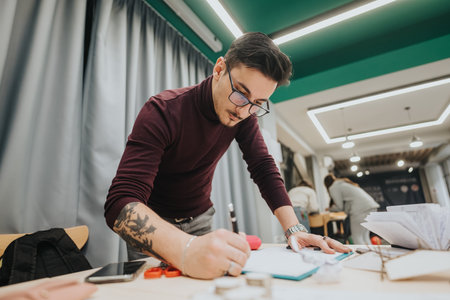 Focused student at the collaboration center writes notes and plans a project