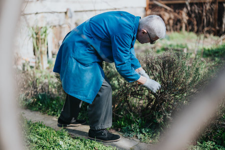 Elderly man in a blue coat pruning a shrub in a sunny garden, enjoying gardening hobbyの写真素材