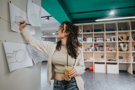 Woman pins architectural drawings on wall in collaboration center, planning and brainstorming