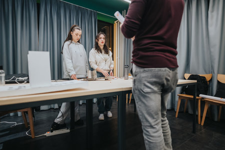 Two women collaborate at a workshop table while a man presents in a collaboration centerの写真素材