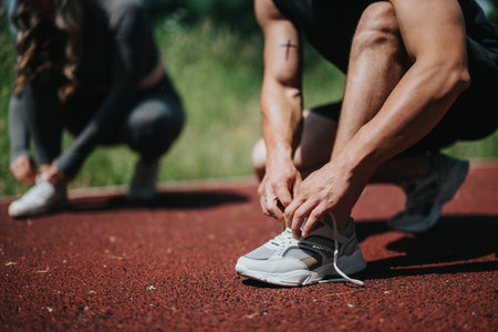 Man tying shoelaces preparing for outdoor sports activityの写真素材