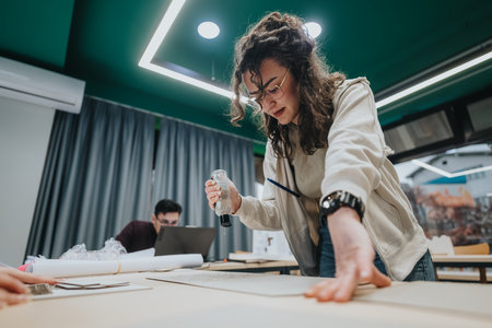 Students at a modern classroom collaborate on a design project during a hands-on workshopの写真素材