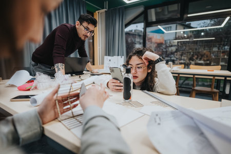 Students collaborate at a workshop table, using laptops and phones during a group study session