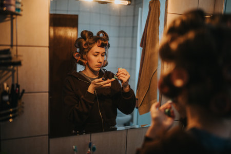 Girl with hair rollers doing manicure in bathroom mirror, a cozy home self-care momentの写真素材