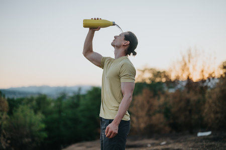 Man drinking water from a yellow bottle outdoors during sunset in a natural settingの写真素材