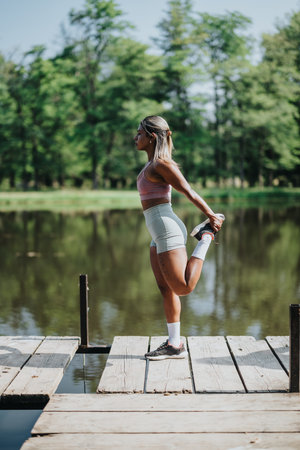 Woman stretching outdoors on a wooden pier by a tranquil lakeの写真素材