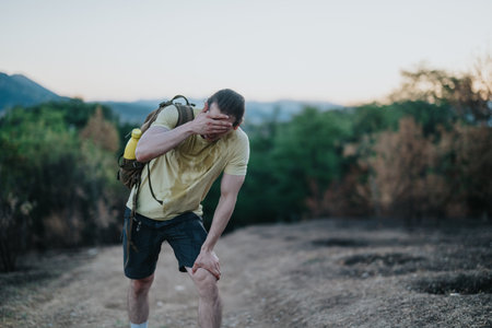 Man on a rugged hiking trail, exhausted and rubbing knee, continuing outdoor adventureの写真素材