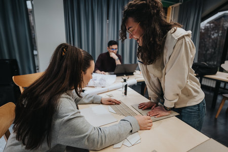 Students collaborate on a design project, cutting shapes and planning a layout at a classroom tableの写真素材