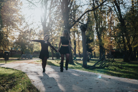Two girls walking hand in hand in a sunlit autumn park, smiling and carefree together.の写真素材