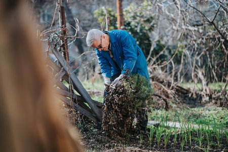Elderly man gardening outdoors pruning branches and arranging plants in a sunny backyard